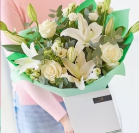 Birthday White Rose and Lily Bouquet